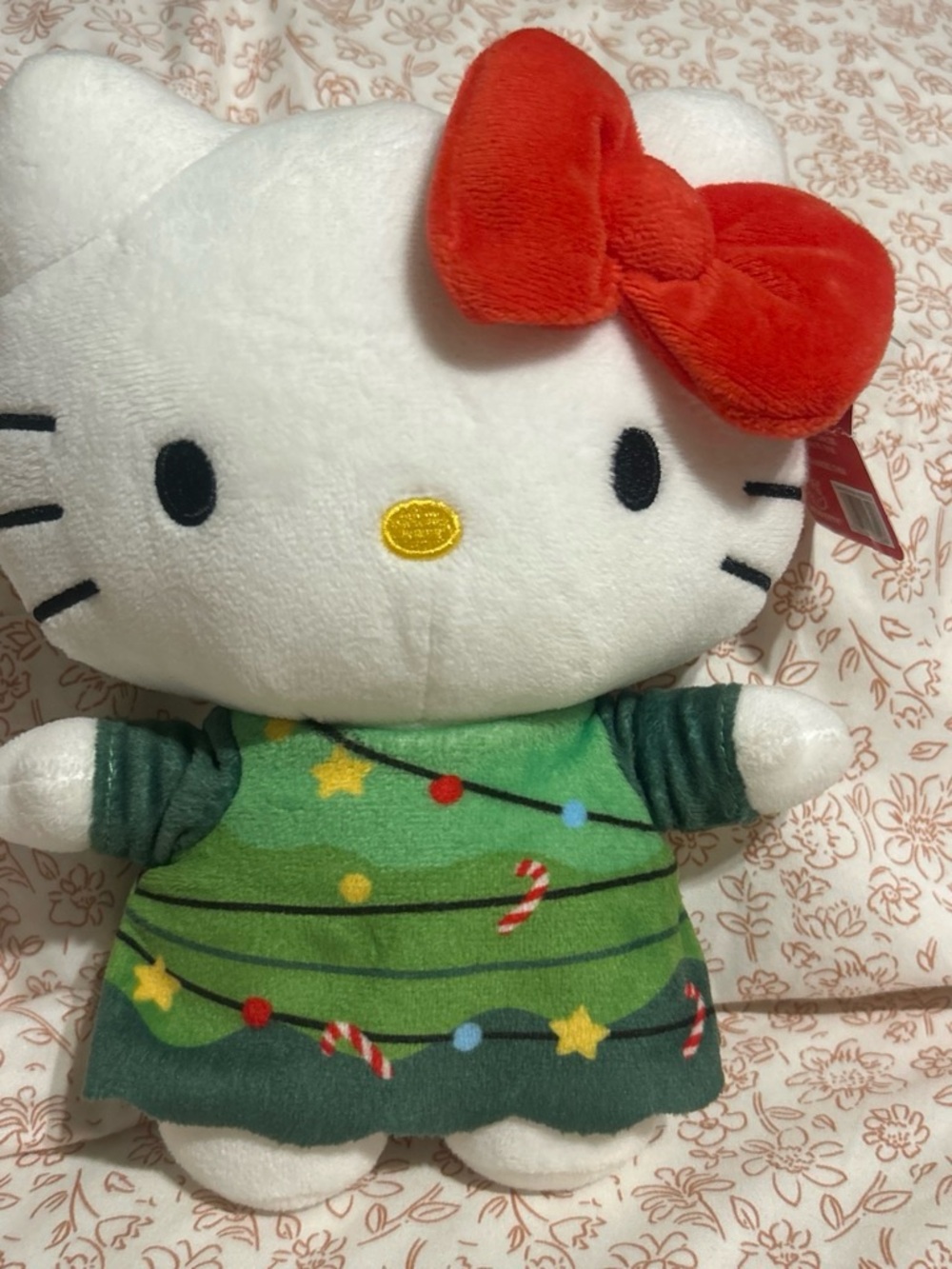 Sanrio Hello Kitty Plush in White with Red Bow and Green Holiday Dress